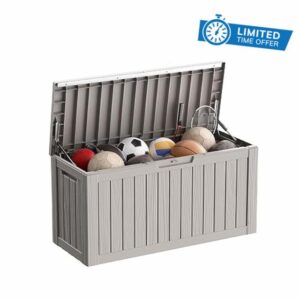 Akeacubo 81 Gallon Deck Box Resin Lockable Large Outdoor Storage Box Waterproof and UV proof Outdoor Container for Patio Furniture Cushions Pillow Pool Toys Garden Tools & Sports Equipment - Grey