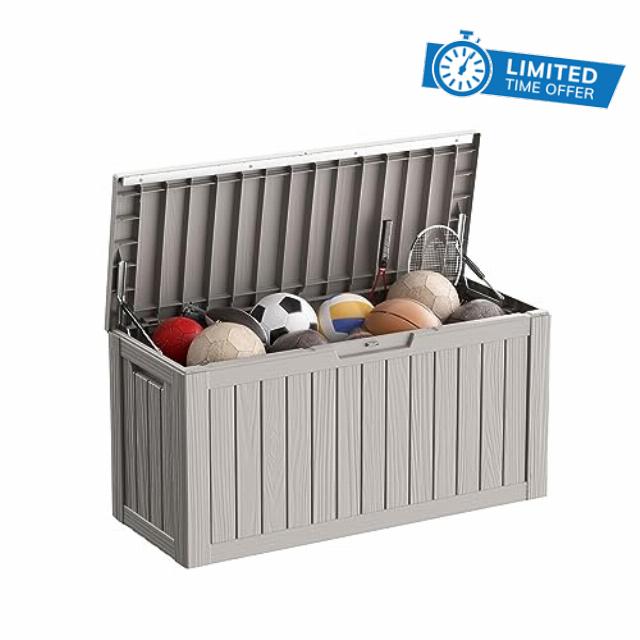 Akeacubo 81 Gallon Deck Box Resin Lockable Large Outdoor Storage Box Waterproof and UV proof Outdoor Container for Patio Furniture Cushions Pillow Pool Toys Garden Tools & Sports Equipment - Grey