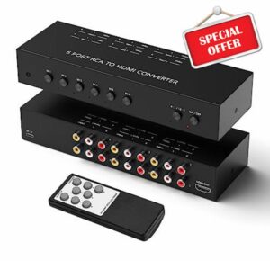RuiPuo 6Port AV to HDMI Converter RCA/Composite/CVBS to HDMI Adapter Support 16:9/4:3 Switch for Wii/N64/PS1/PS2/PS3/VHS/VCR/DVD Players etc (6Port RCA in to 1 HDMI Converter with IR Remote)
