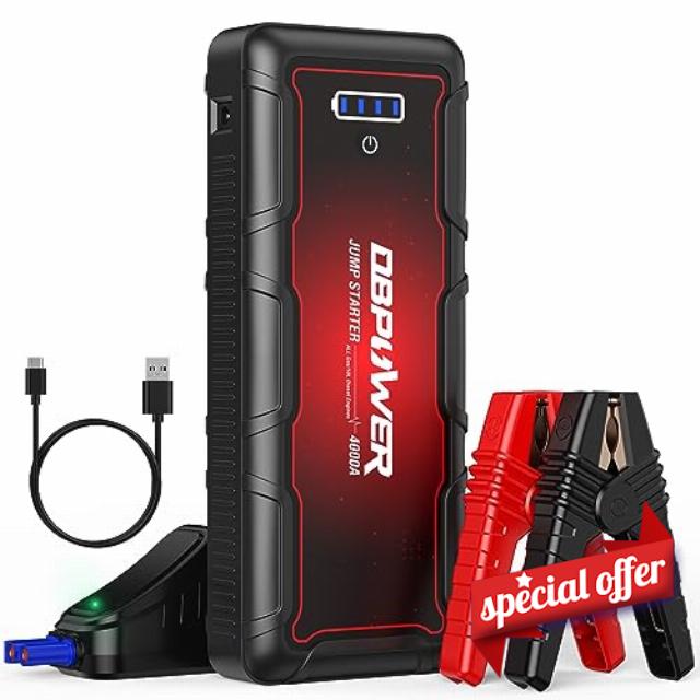 DBPOWER Jump Starter 4000A Peak 88.8Wh Portable Car Jump Starter (Up to ALL Gas/10L Diesel Engine) 12V Auto Battery Booster Pack with Smart Clamp Cables