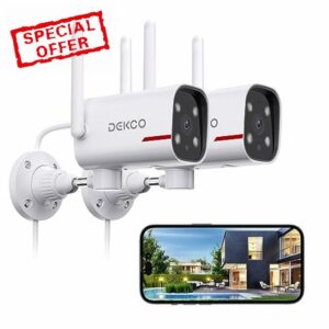 Outdoor Security Camera - DEKCO 2K Pan Rotating 180° Wired WiFi Cameras for Home Security with Two-Way Audio