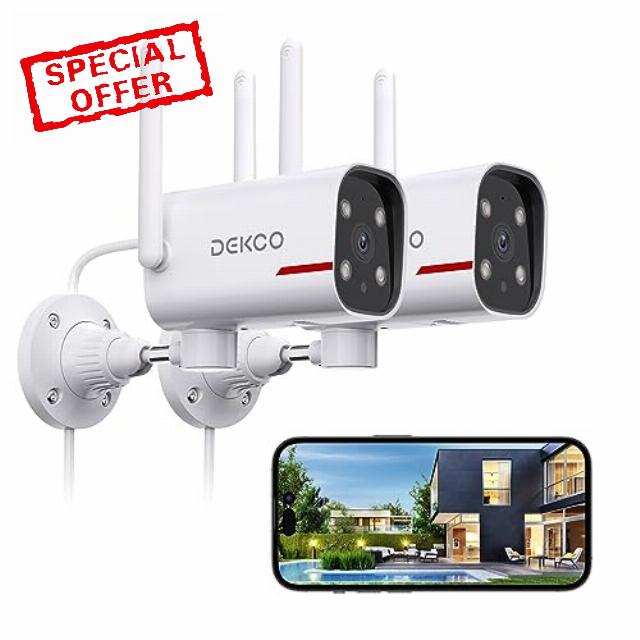 Outdoor Security Camera - DEKCO 2K Pan Rotating 180° Wired WiFi Cameras for Home Security with Two-Way Audio