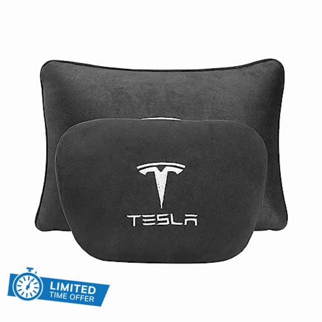 HONCENMAX Car Headrest Neck Pillow + Lumbar Support Pillow - for Tesla Model Y/3/S/X Accessories - Soft Suede Driving Auto Seat Headrest Support for Travel/Office/Home