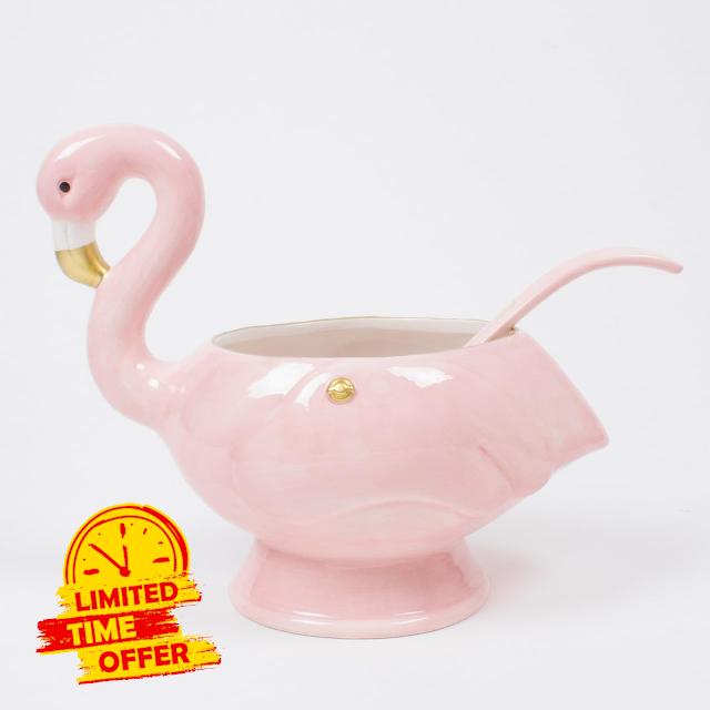 8 Oak Lane Flamingo Pink Punch Bowl & Ladle Ceramic 10.5" x 7.25" x 10.25"