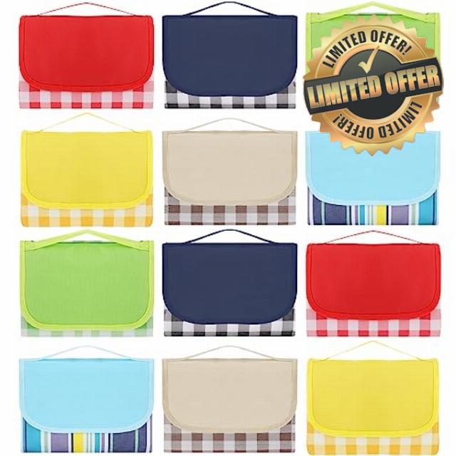 12 Pack Extra Large Picnic Outdoor Blanket 79 x 59'' Foldable Portable Picnic Mat Bulk Waterproof Sandproof Beach Blanket Lightweight Picnic Mat Tote for Hiking Travel Park Grass Family Camping