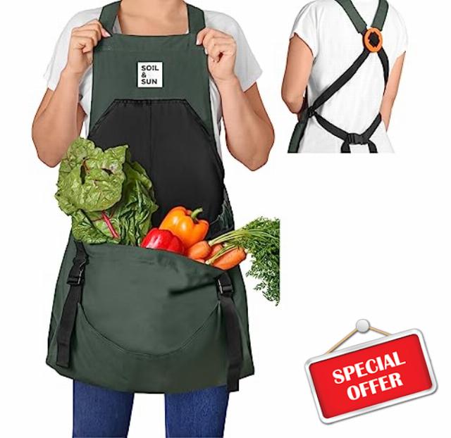 Soil & Sun Gardening Apron with Pockets and Harvesting Pouch - Durable Canvas Design for Men and Women - Convenient Tool Storage and Effortless Harvesting