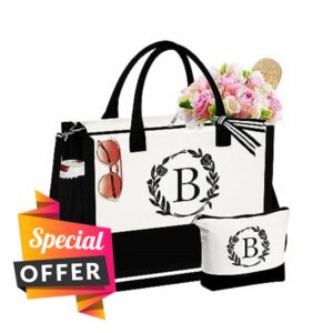 YOOLIFE Initial Canvas Tote Bag Beach Bag Makeup Bag with Zipper Personalized Teacher Gifts Friend Birthday Gifts for Women