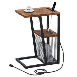 C Shaped Nightstand End Table with Charging Station and Phone Holder