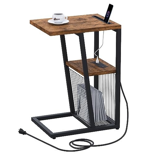 C Shaped Nightstand End Table with Charging Station and Phone Holder