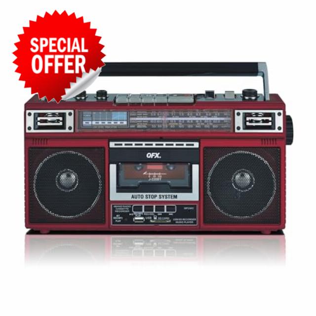 QFX J-220BT Red Boombox MP3 Conversion from Radio to Cassette with 4-Band (AM