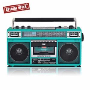 QFX J-220BTTQ Turquoise Boombox MP3 Conversion from Radio to Cassette with 4-Band (AM