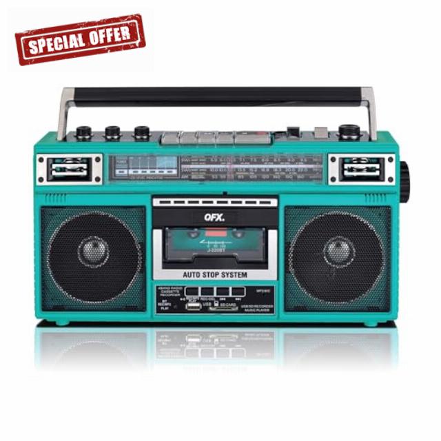 QFX J-220BTTQ Turquoise Boombox MP3 Conversion from Radio to Cassette with 4-Band (AM