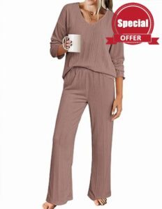 Ekouaer Womens Ribbed Knit Pajamas Set V Neck Long Sleeve Pj Set Matching Outfits Top and Pant Loungewear Casual Sweatsuits