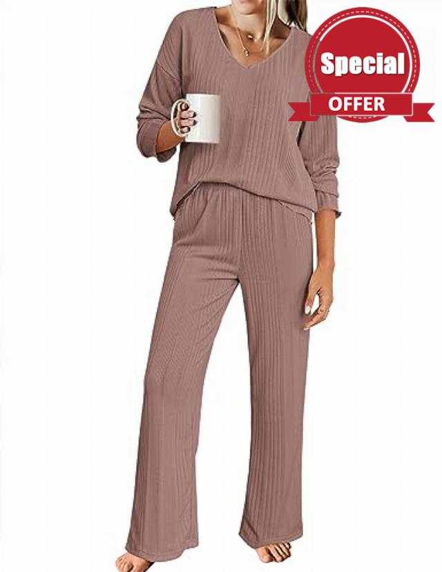 Ekouaer Womens Ribbed Knit Pajamas Set V Neck Long Sleeve Pj Set Matching Outfits Top and Pant Loungewear Casual Sweatsuits