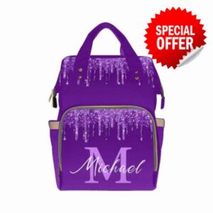 InterestPrint Personalized Nursing Bags with Name Custom Purple Glitter Diaper Bag Customized Mommy Nappy Bag Fashion Shoulder Bag Large Travel Back Pack for Women Men