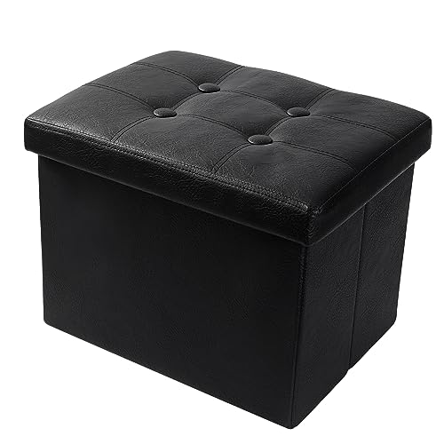 Foot Rest & Stepping Stool - Folding Storage Ottoman with Padded Seat -Premium Leather Vintage Black Ottoman - Ottoman with Storage17IN Leather