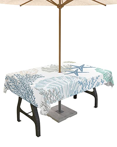 Blue Teal Coral Summer Beach Ocean Starfish Waterproof Outdoor Table Cloth with Umbrella Hole & Zipper for Picnic/Patio/Party