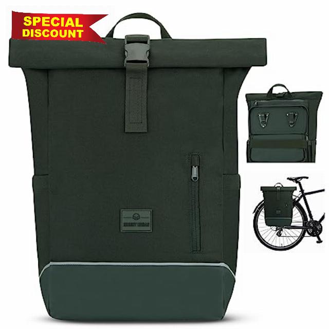 Johnny Urban Bike Pannier Bag for Bicycles Green - Robin Medium Bike - 2 in 1 Cycling Roll Top Backpack & Rear Rack Bag - Cycle Rucksack - Water-Repelle