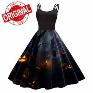 SGJHEQ Halloween Costumes Women Halloween Print Sleeveless 1950s Housewife Evening Party Prom Dress