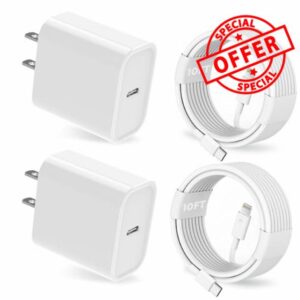 iPhone Charger 10FT [Apple MFi Certified] 2 Pack 20W PD USB C Wall Fast Charger Adapter with 2 Pack 10FT Long Type C to Lightning Cable Compatible with iPhone 14 13 12 11 Pro Max XR XS X