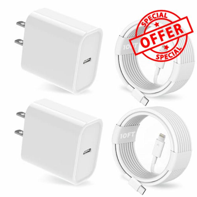 iPhone Charger 10FT [Apple MFi Certified] 2 Pack 20W PD USB C Wall Fast Charger Adapter with 2 Pack 10FT Long Type C to Lightning Cable Compatible with iPhone 14 13 12 11 Pro Max XR XS X