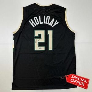 Autographed/Signed Jrue Holiday Milwaukee Black Basketball Jersey Beckett BAS COA