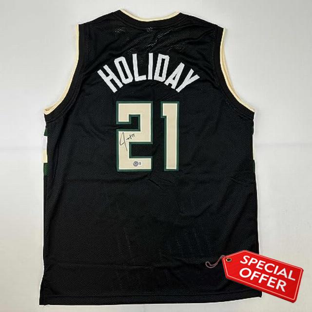 Autographed/Signed Jrue Holiday Milwaukee Black Basketball Jersey Beckett BAS COA