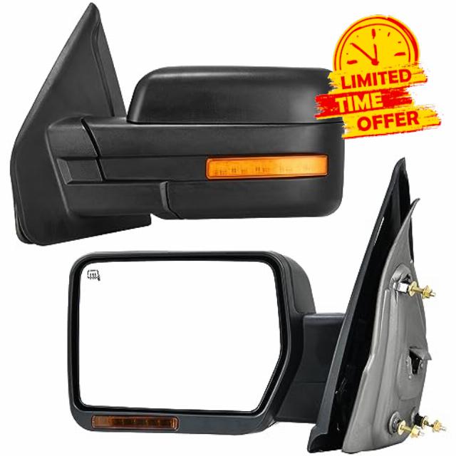 YITAMOTOR Towing Mirrors Compatible with 2004-2014 Ford F150 Side Mirror with Power Heated Rear LED Turn Signal Light Puddle Light Manual Folding Tow Mirror Black