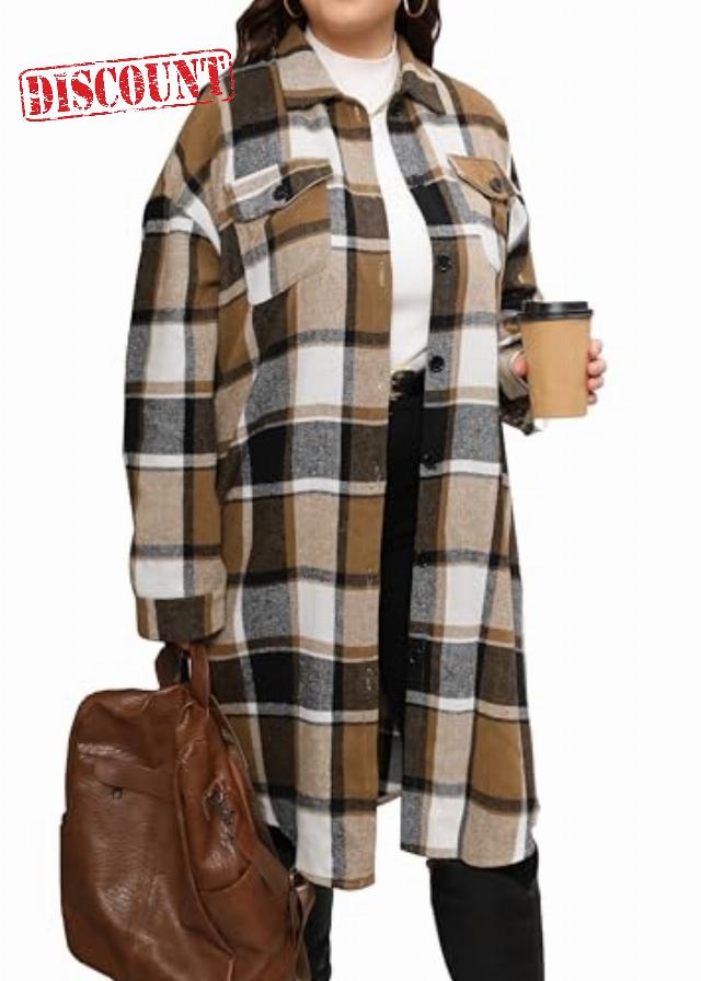 ZAAYO Women's 2023 Plus Size Oversized Plaid Flannel Shacket Long Shirts Jacket Tartan Loose Fit Boyfriend Coat with Pockets