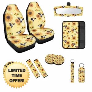 doginthehole 11 Pcs Car Seat Covers Full Set Sunflower Cow Seat Covers for Cars