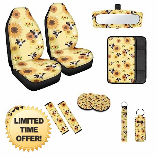 doginthehole 11 Pcs Car Seat Covers Full Set Sunflower Cow Seat Covers for Cars
