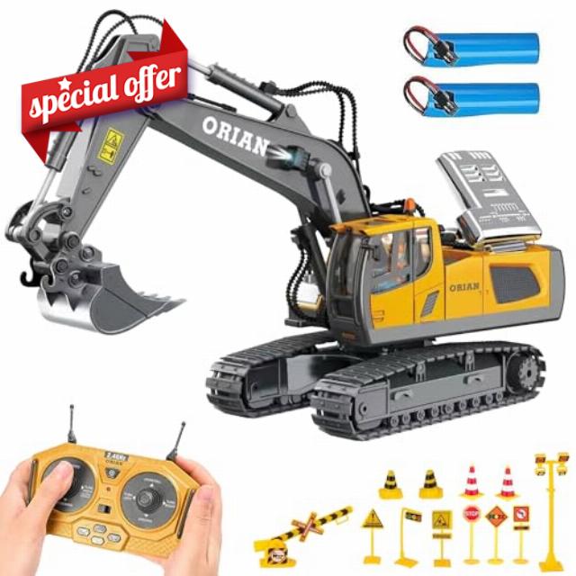 ORIAN Excavator Remote Control Toy for Boys & Girls 4-7 - RC Excavator Toy Turns 680 Degree-2 Batteries – Construction Toy with Realistic Lights & Sounds– Backhoe with Metal Shovel Gifts