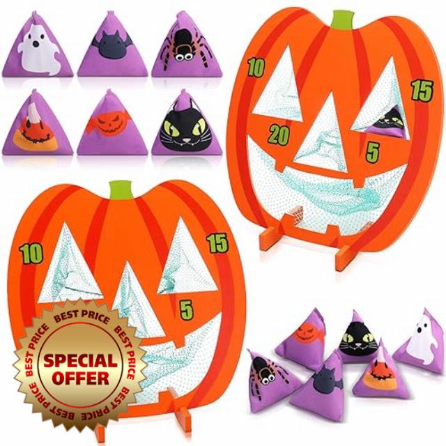 Leinuosen 2 Sets Halloween Games Jack O Lantern Bean Bag Toss 2 Pumpkin Boards and 12 Bean Bags Halloween Bean Bag Toss Throwing Pumpkin Bean Bag Toss Games for Kids Halloween Party Games Outdoor