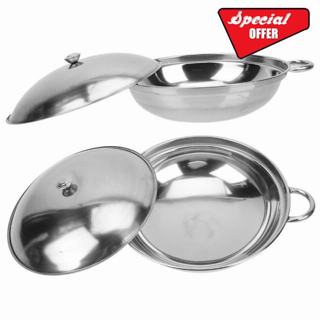 Luxshiny 2pcs Stainless Steel Wok Pan with Lid 24cm Stir Frying Pan Double Handle Round Bottom Cooking Wok Skillet Shabu Pot Nonstick Deep Cooking Pot for Induction Electric Gas Stoves