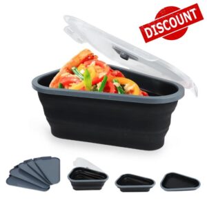 VECH Pizza Storage Container Reusable Expandable Silicone Pizza Slice Keeper to Organize and Save Space Collapsible Pizza Box with 5 Plates Pizza Holder Safe for Microwave and Dishwasher（Black）