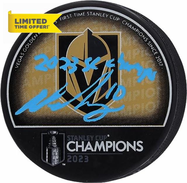 Nicolas Roy Vegas Golden Knights Autographed 2023 Stanley Cup Champions Hockey Puck with "2023 SC Champs" Inscription - Autographed NHL Pucks