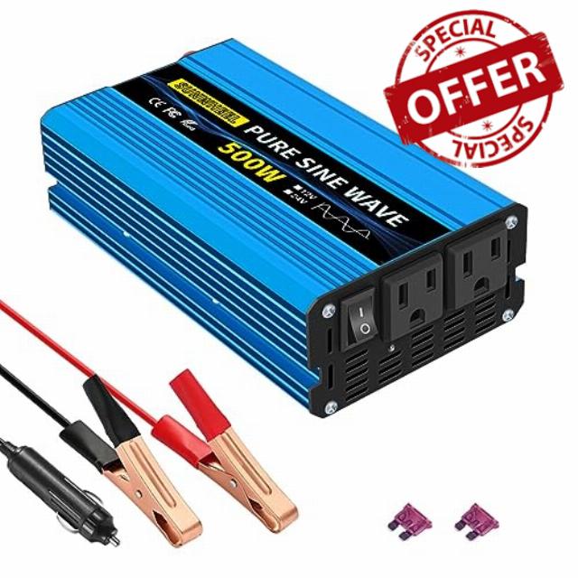 SUNWHEEL 500 Watt Pure Sine Wave Power Inverter DC 12V to AC 110V 120V Peak Power 1000W Car Plug Adapter Outlet Converter with Dual AC Sockets and LCD Display
