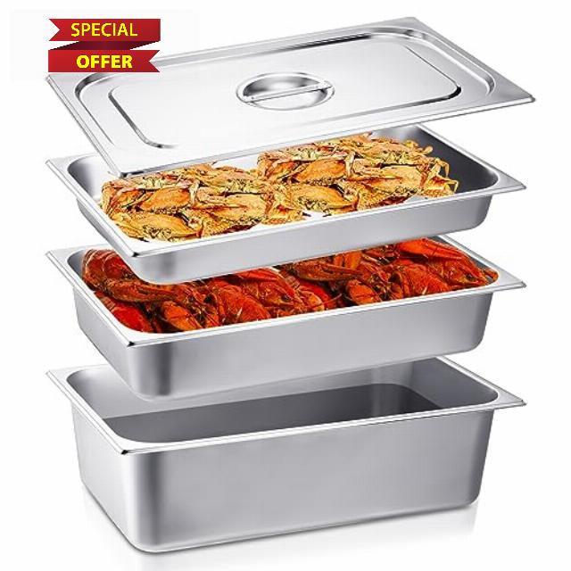 Mifoci 4 Pcs Hotel Pans with Lid 3 Pcs Steam Table Pans 20.8 x 12.8'' Full Size Steam Pots for Cooking Stackable Stainless Steel Food Tray for Restaurant Buffet Kitchen Catering