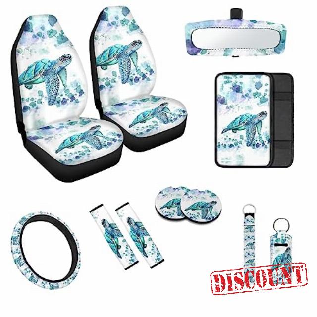 doginthehole 11 Pcs Sea Turtle Car Seat Covers Full Set Aqua Animal Print Front Rear Seat Covers Steering Wheel Cover Wrist Strap Coasters Armrest Pad Shoulder Pads Rear View Mirror Accessories Cover