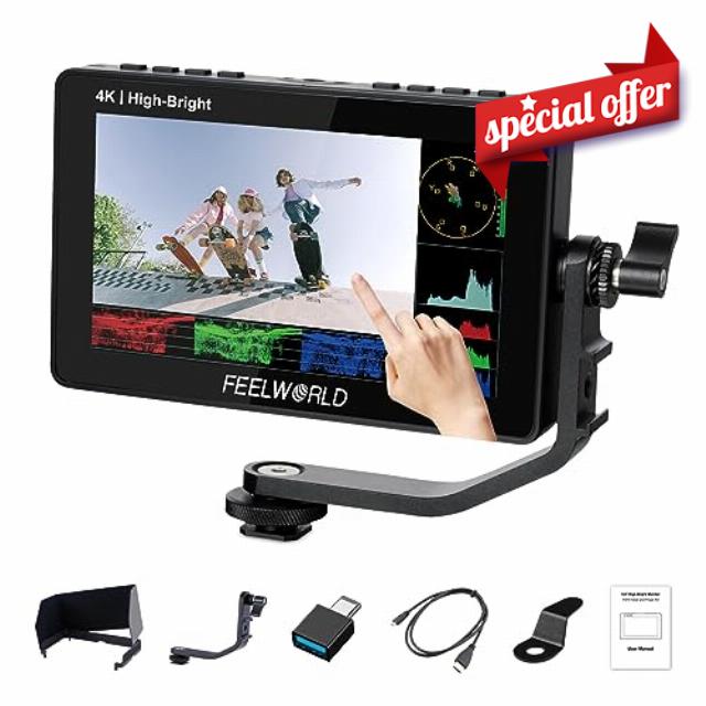 FEELWORLD F5 Prox 5.5 Inch 1600nit Hight Bright DSLR Camera Field Monitor Touchscreen Waveform 3D LUT F970 External Kit Install for Power Wireless Transmission 1920x1080 4K HDMI in Out Type-c Input