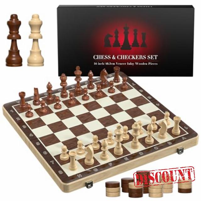 Magnetic Chess Set with Checkers - Meuzhen 16" Wooden Chess Board Game Travel Chess for Adults & Kids