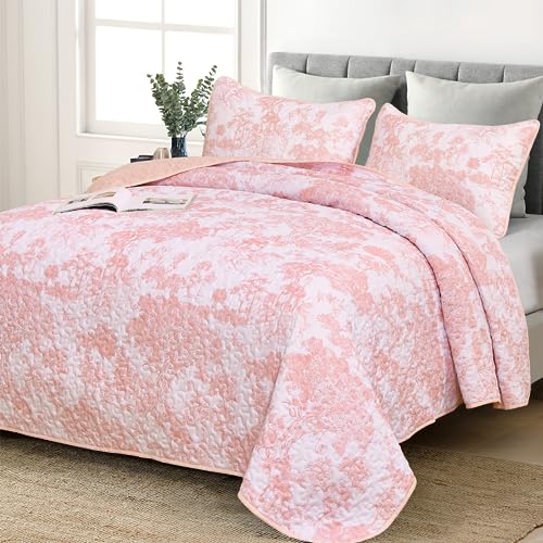 Pink Botanical Bedspreads Set with Lightweight Microfiber - Floral Pattern Coverlet for All Season - 3 Piece (1 Quilt