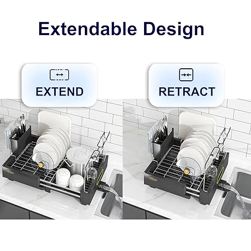 Auto-Drain Expandable(13.5"-22") Anti-Rust Stainless steels Dish Strainer with Drainboard