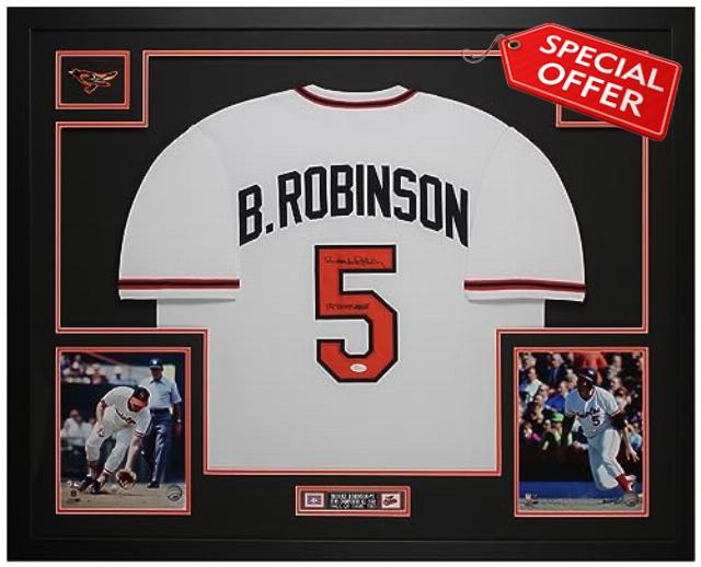 Brooks Robinson Autographed White Baltimore Jersey - Beautifully Matted and Framed - Hand Signed By Robinson and Certified Authentic by JSA - Includes Certificate of Authenticity