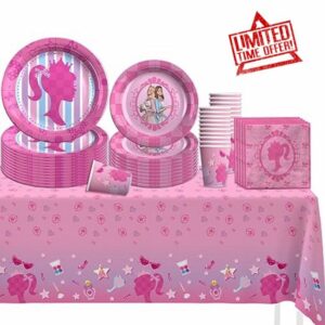 CAILESS Pink Party Decorations - Pink Girls Party Supplies 69Pcs Included Princess Theme Plates Cups Napkins Serves 16 Guestes Pink Party Decorations Set for Kids and Adults