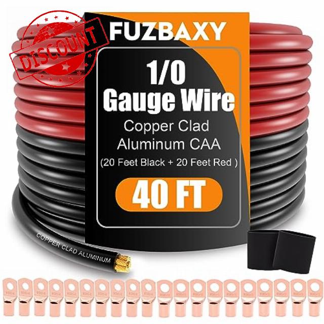 1/0 Gauge 1/0 AWG Wire (20 Feet Black+20 Feet Red) Copper Clad Aluminum CCA - Primary Automotive Wire Power/Ground