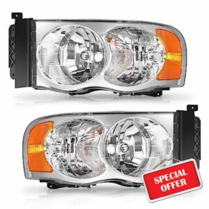 ALZIRIA Headlight Assembly Fit For 02 2002 Dodge Ram 03 2003 Dodge Ram 04 2004 Dodge Ram 05 2005 Dodge Ram 1500 And 03 04 05 Dodge Ram 2500/3500 (Chrome Housing Amber Reflector)
