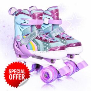 Roller Skates for Girls Age 3-12 | Rainbow Toddler Roller Skates for Kids Ages 3-5 | 4 Size Adjustable | Light Up Quad Roller Skates for Girls Boys Beginners
