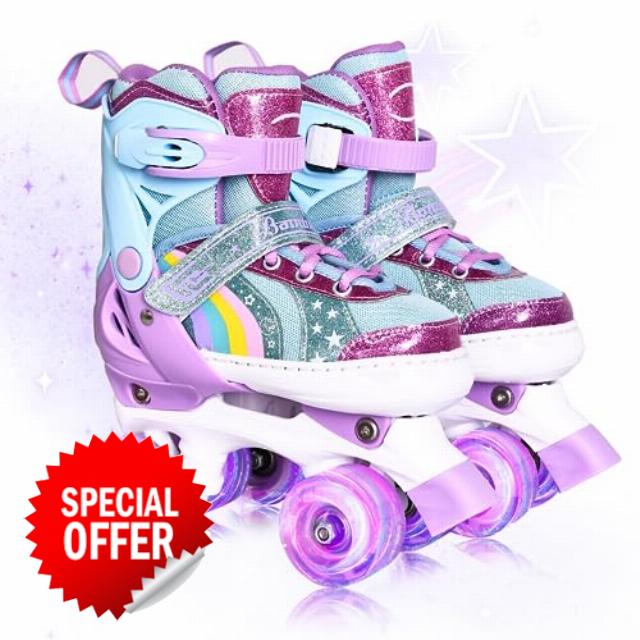 Roller Skates for Girls Age 3-12 | Rainbow Toddler Roller Skates for Kids Ages 3-5 | 4 Size Adjustable | Light Up Quad Roller Skates for Girls Boys Beginners