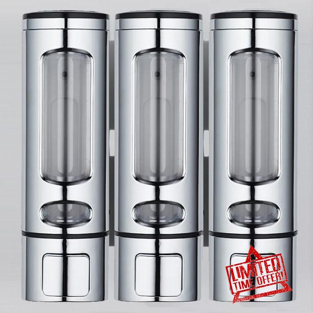 Shampoo Dispensers for Shower Wall Mounted Soap Dispenser 3 Chambers Conditioner Body Wash Dispenser Set Clear with Glue(or Wall Mounted by Screws) 3 Chambers(Silver)